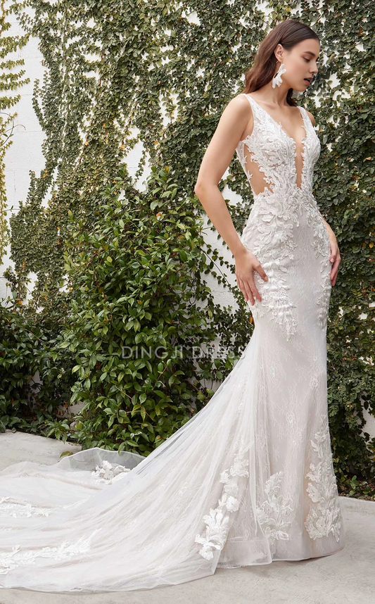 DingJiDress Hot Sale Wedding Dress Gorgeous Mermaid Deep V Neck Sleeveless Backless Lace Applique Chapel Train Charming Formal Wear Dresses