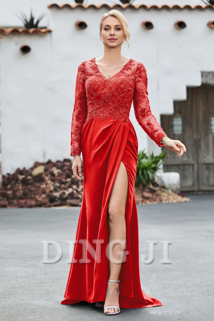 DingJiDress Mother of the Bride Dresses Lace Applique V-neck Long Sleeves High Slit Elegant Dignified Dress Wedding Guests Dresses
