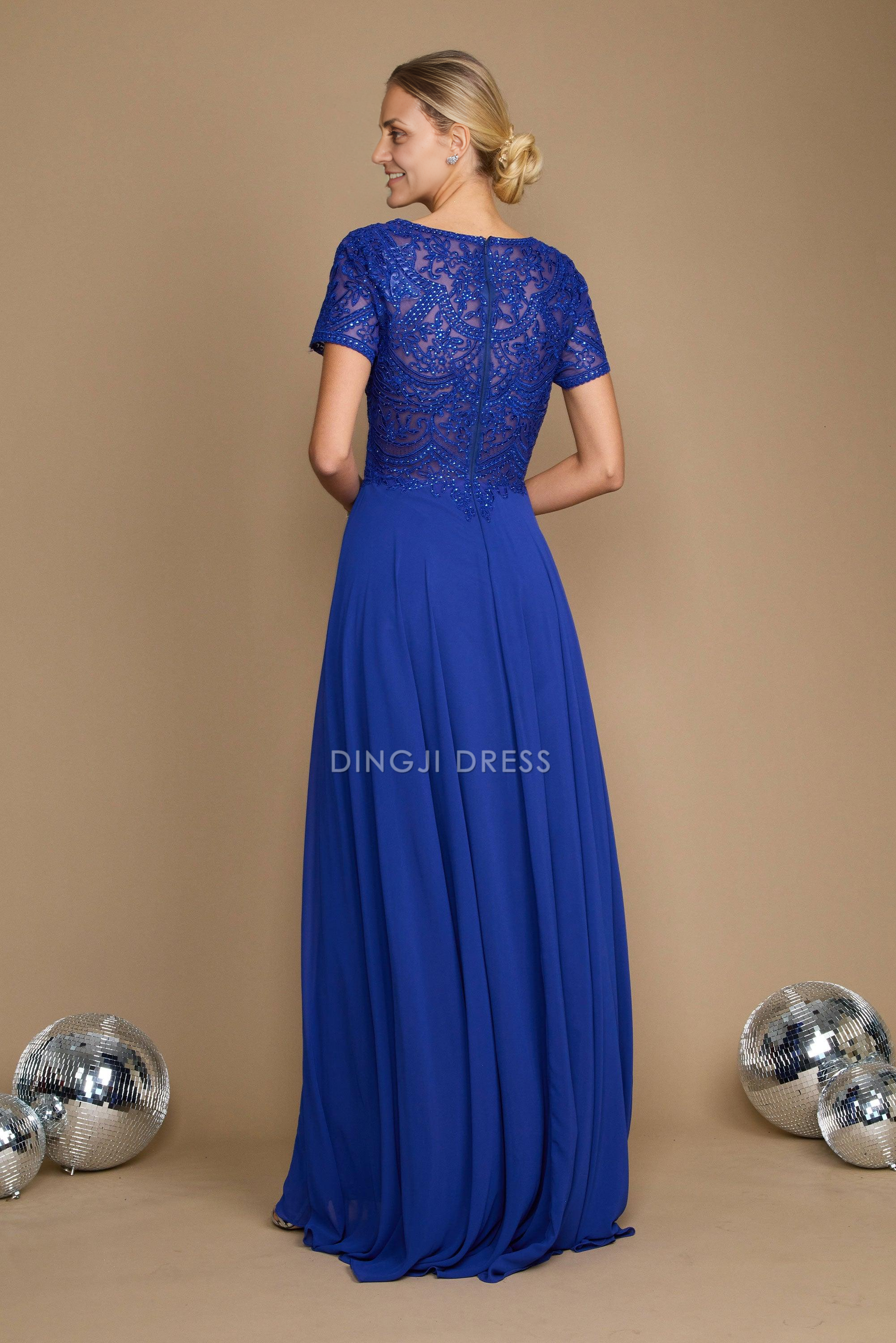 DingJiDress Evening Dress Gorgeous A Line Scoop Neck Short Sleeve Exquisite Mother Of The Bride Dress