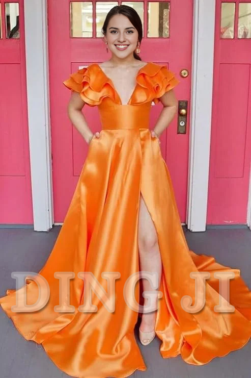 DingJiDress Evening Dress A-Line Deep V-Neck Ruffle Long Elegant Side Fork Gorgeous Romantic Formal Women's Dresses Wedding Guest Dresses