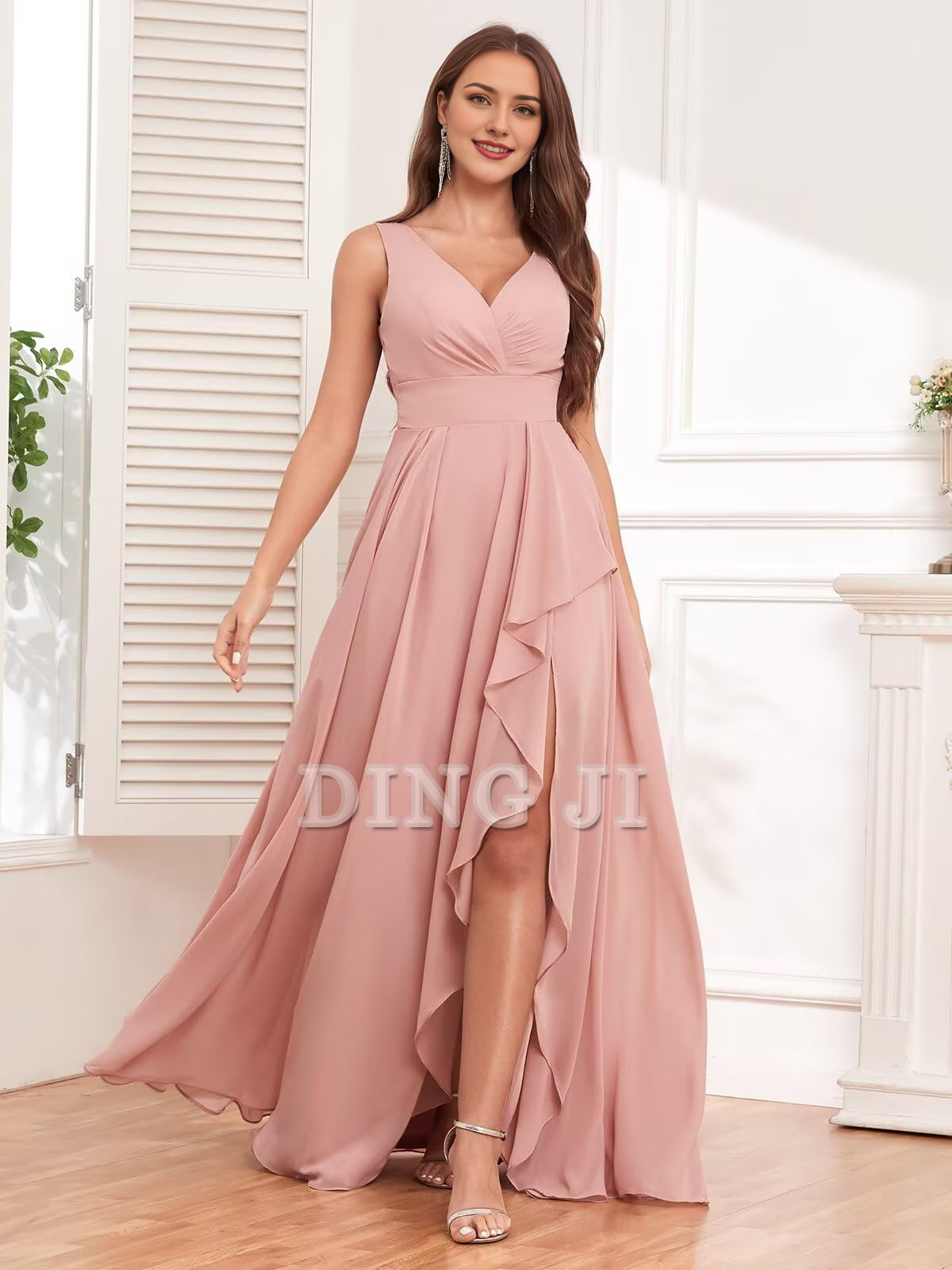 DingJiDress Bridesmaid Dresses Elegant V Neck Chiffon Side Fork Long Formal Wear Dresses