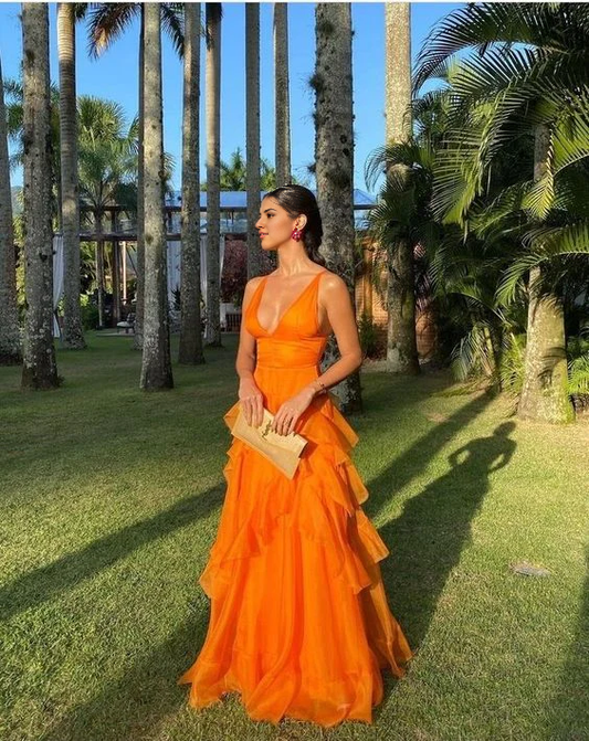 DingJiDress A line V Neck Sleeveless Tulle Ruffles Mid waist Long Romantic Fantastic Prom Dress