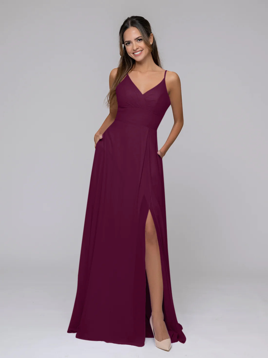 V Neck Spaghetti Strap Chiffon Bridesmaid Dresses With Slit