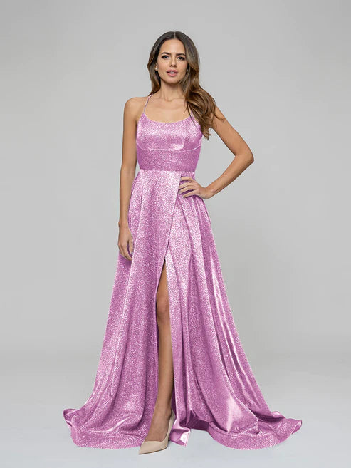 DingJiDress Halter Metallic Glitter Criss Cross Back A Line Prom Dresses