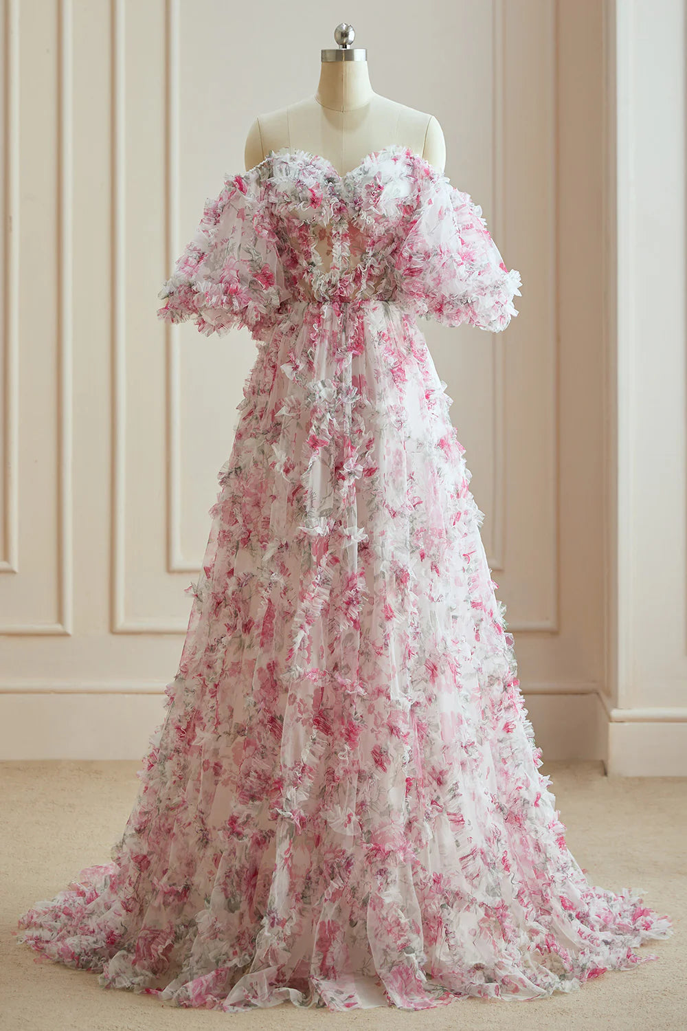 DingJiDress A Line Sweetheart Ruffles Sweep Train Floral Printed Chiffon Prom Dresses