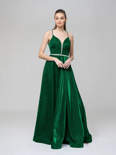 DingJiDress A Line Metallic Glitter Formal Party Prom Dresses With Beaded Waist