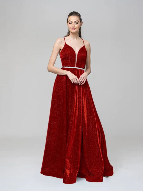 DingJiDress A Line Metallic Glitter Formal Party Prom Dresses With Beaded Waist