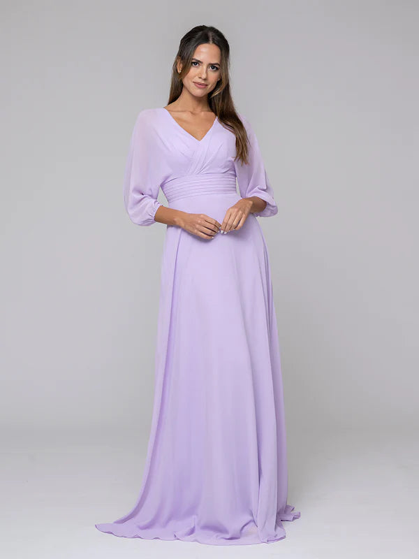 3/4 Lantern Sleeve V Neck Chiffon A Line Bridesmaid Dresses