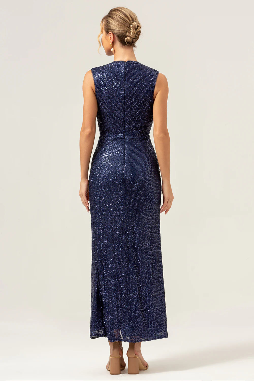 DingJiDress Elegant Mothers Of The Bride Dresses Sparkly Navy Sheath V-Neck Sequins Sleeveless Wedding Party Dress With Slit