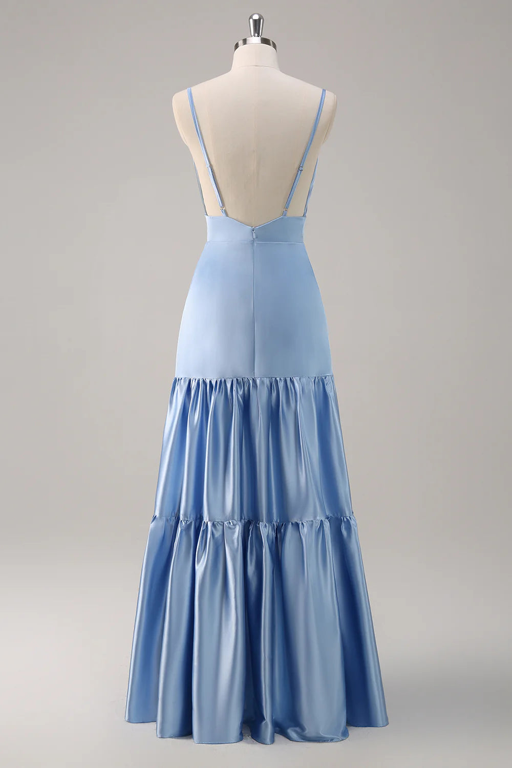 DingJiDress Elegant Sky Blue A Line Bridesmaid Dress V Neck Spaghetti Straps Ruffle Satin
