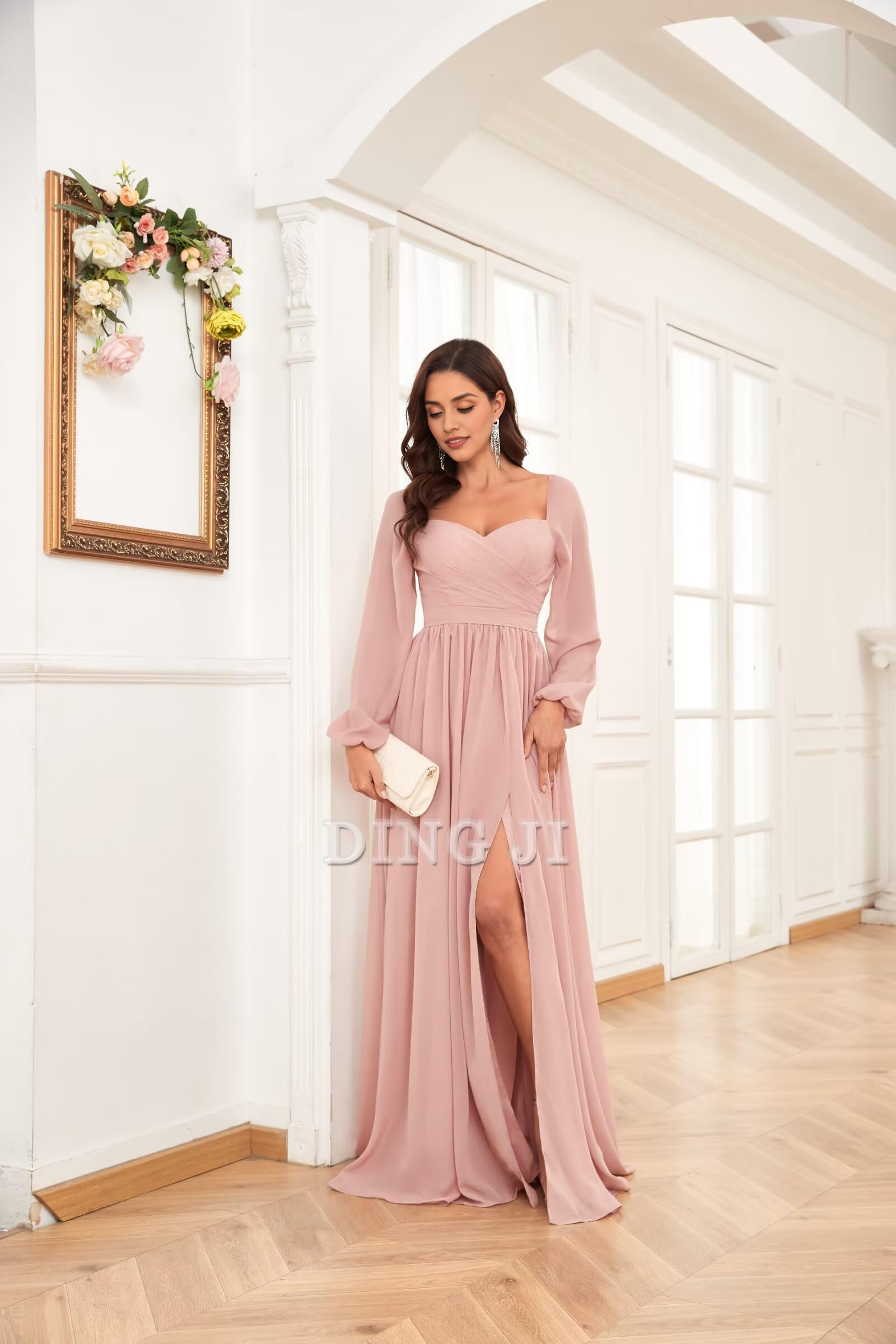 DingJiDress Bridesmaid Dresses Sweetheart Long Sleeve Pleated Side Fork Chiffon Elegant Long Formal Wear Dresses