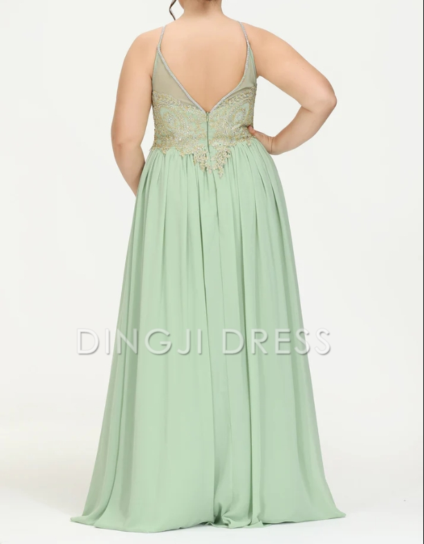 DingJiDress Evening Dress A-Line Halter Sleeveless Beaded Pleated Floor-Length Chiffon Plus Size Formal Dress
