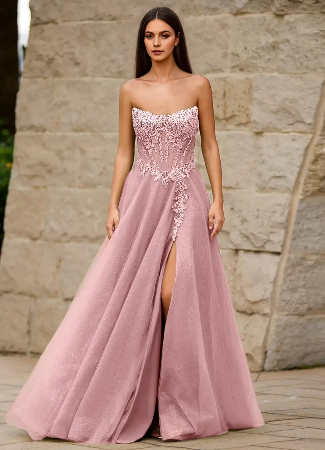 Pink Glitter A Line Strapless Lace Applique Side Fork Backless Exquisite Formal Dresses Affordable Prom Dress