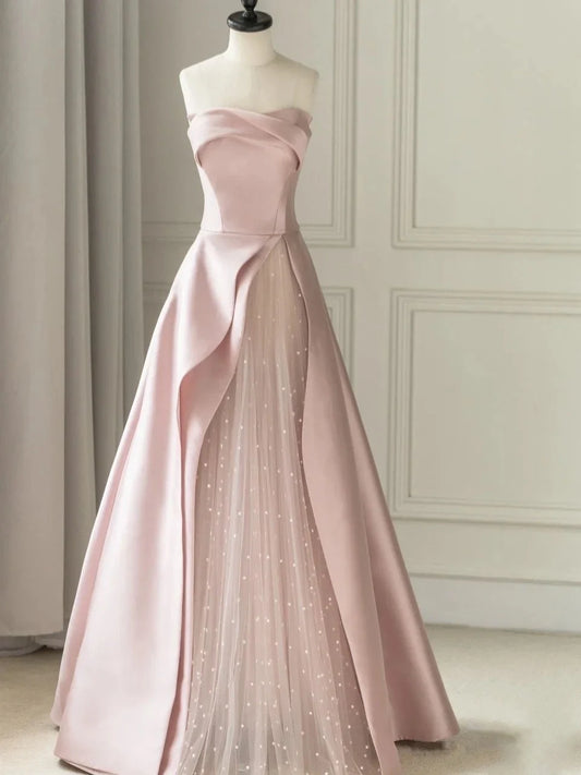 DingJiDress Evening Dress Sleeveless A-Line Floor-Length Satin Tulle Splicing together Strapless Backless Formal Women's Dresses Wedding Guest Dresses