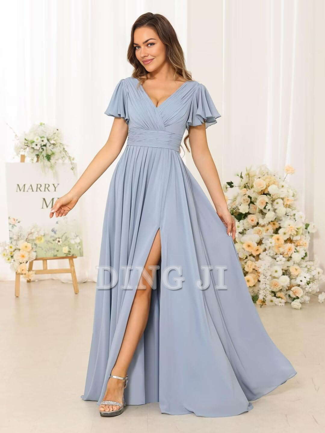 DingJiDress Bridesmaid Dresses A Line V Neck Flutter Sleeve Side Fork Youthful Elegant Chiffon Formal Wear Dresses