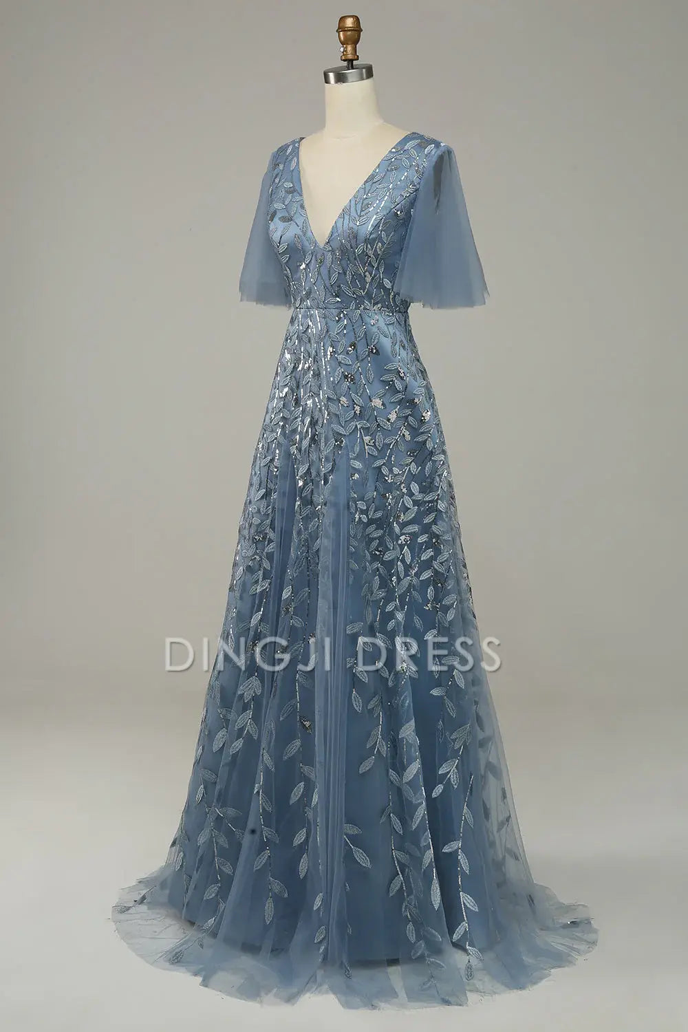 DingJiDress High Quality Dress Exquisite V Neck Flowing Sleeves Tulle Embroidered Leaves Fashion Prom Dress