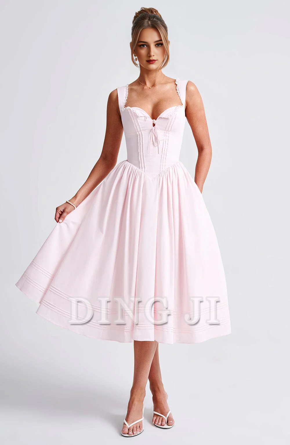 DingJiDress Bridesmaid Dresses Lace Trim Square Neckline Lace up sweet Midi Dress Formal Wear Dresses Wedding Guests Dresses