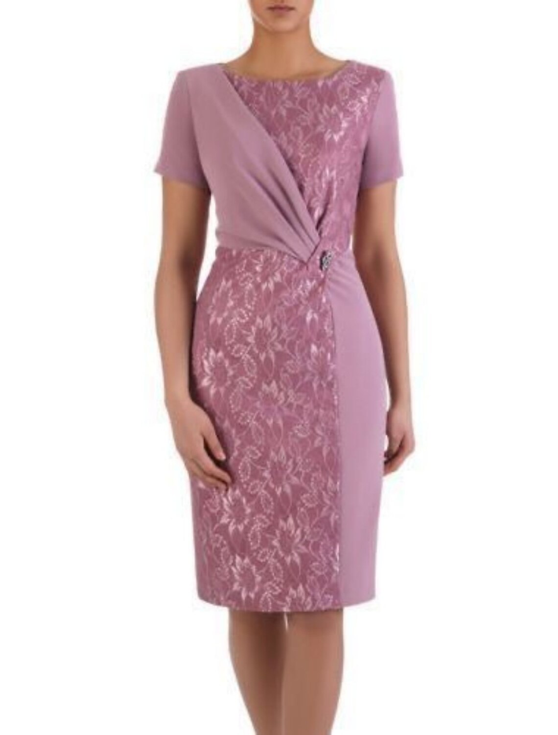 Sheath / Column Mother of the Bride Dress Wedding Guest Party Elegant Scoop Neck Knee Length Chiffon Lace Short Sleeve with Crystal Brooch