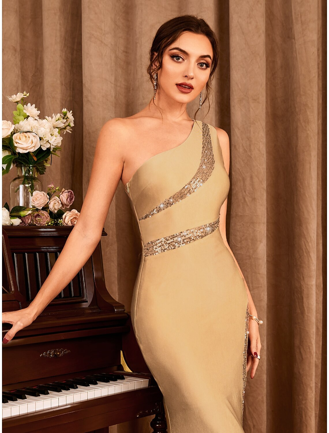 Party Dresses Sexy Dress Wedding Party Floor Length Sleeveless One Shoulder Stretch Satin with Glitter