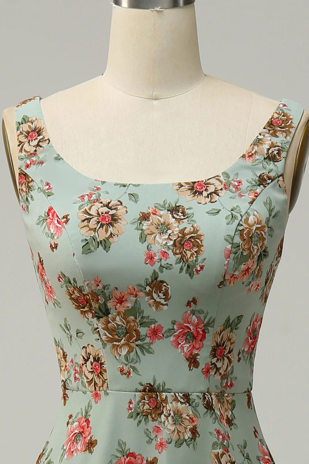 DingJiDress A Line Square Neck Green Floral Long Bridesmaid Dress with Open Back