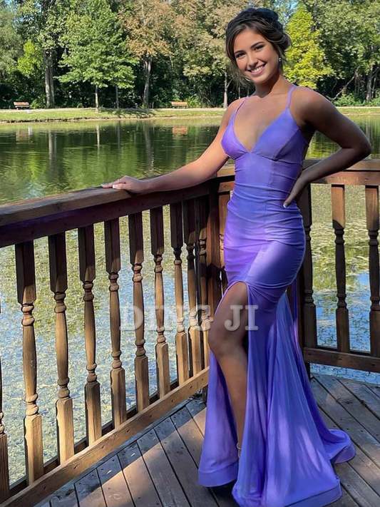 DingJiDress Evening Dress Lilac Spaghetti Strap Sheath Mermaid Low-necked Prom Dress Lace-up Backless Side Fork Formal Wear Dresses Wedding Guest Dresses