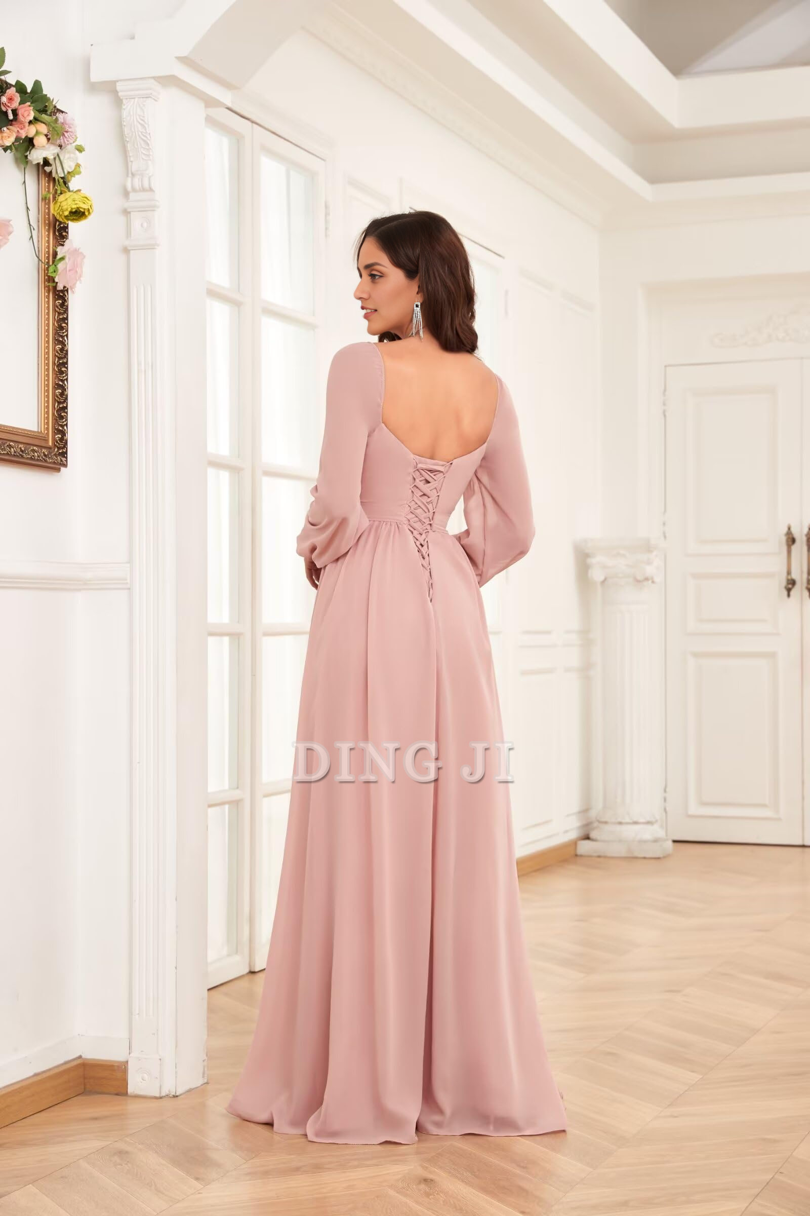 DingJiDress Bridesmaid Dresses Sweetheart Long Sleeve Pleated Side Fork Chiffon Elegant Long Formal Wear Dresses