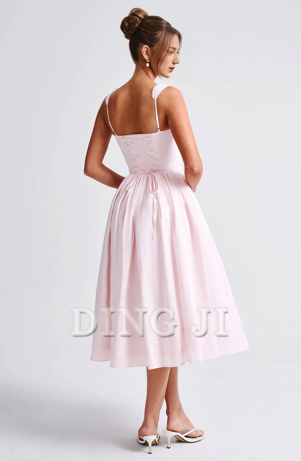 DingJiDress Bridesmaid Dresses Lace Trim Square Neckline Lace up sweet Midi Dress Formal Wear Dresses Wedding Guests Dresses