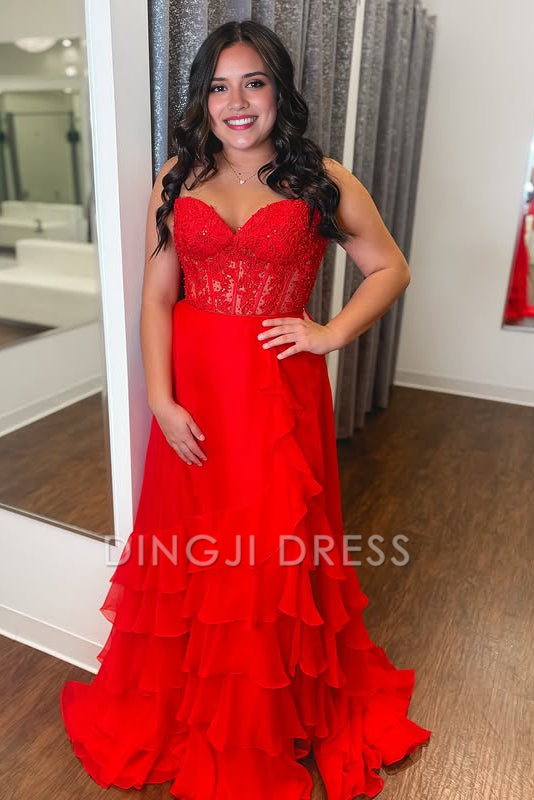 DingJiDress Formal Dress Exquisite A-Line Sweetheart Strapless Sleeveless Empire Appliques Ruched Tiered Party Prom Dress