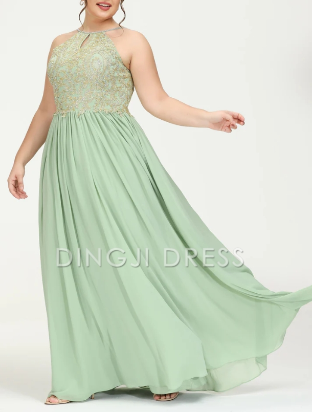 DingJiDress Evening Dress A-Line Halter Sleeveless Beaded Pleated Floor-Length Chiffon Plus Size Formal Dress