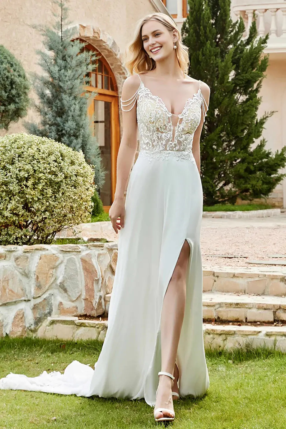Elegant Chiffon A-Line Lace Spaghetti Strap Plunging V-Neck Bead string Backless With Slit Affordable Hot Sale Wedding Dress