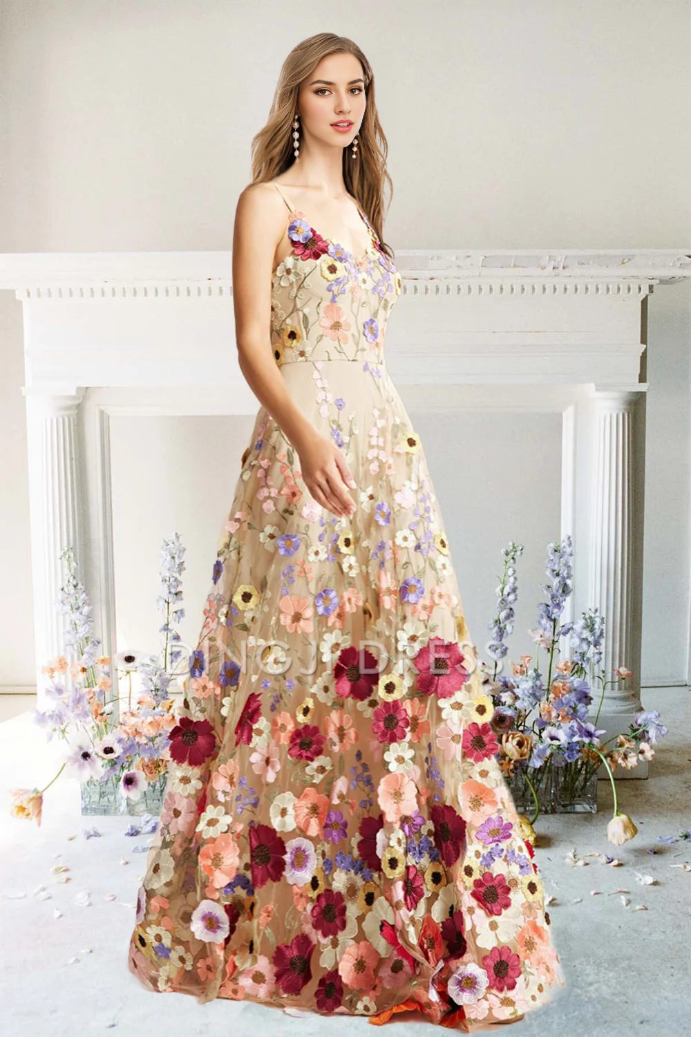 DingJiDress High Quality Dress Evening Dress Exquisite A-Line Flower Straps Floral Fantastic Long Prom Dress