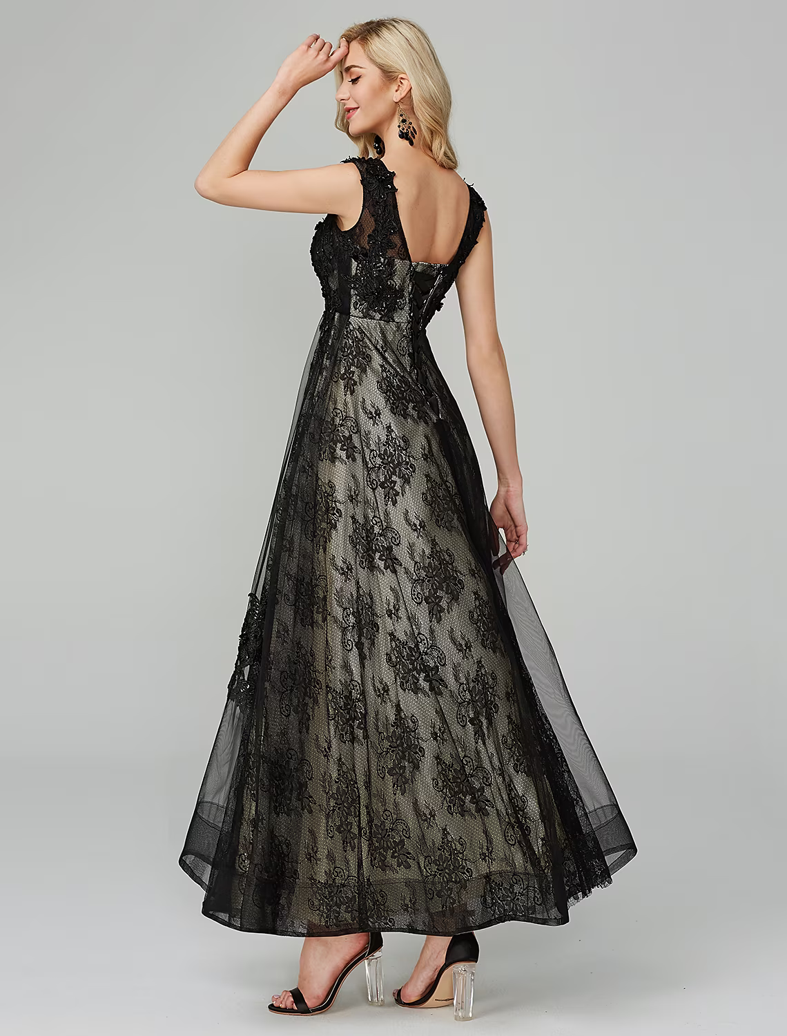 A-Line Open Back Dress Holiday Floor Length Sleeveless Jewel Neck Tulle with Appliques