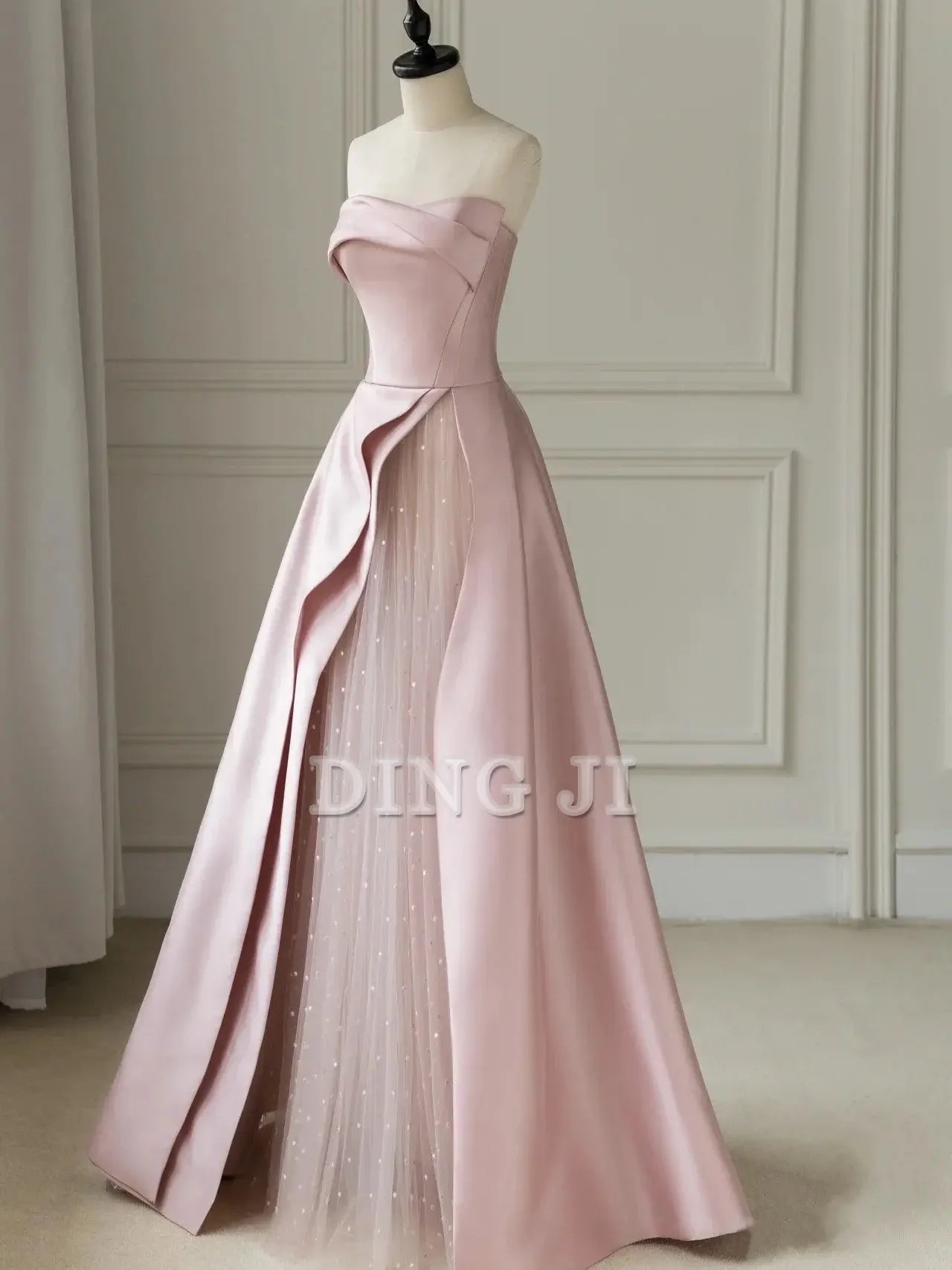 DingJiDress Evening Dress Sleeveless A-Line Floor-Length Satin Tulle Splicing together Strapless Backless Formal Women's Dresses Wedding Guest Dresses