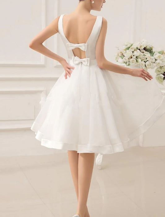 DingJiDress Reception Vintage 1940s / 1950s Little White Dresses Wedding Dresses A-Line Scoop Neck Sleeveless Knee Length Satin Bridal Gowns With Bow(s)