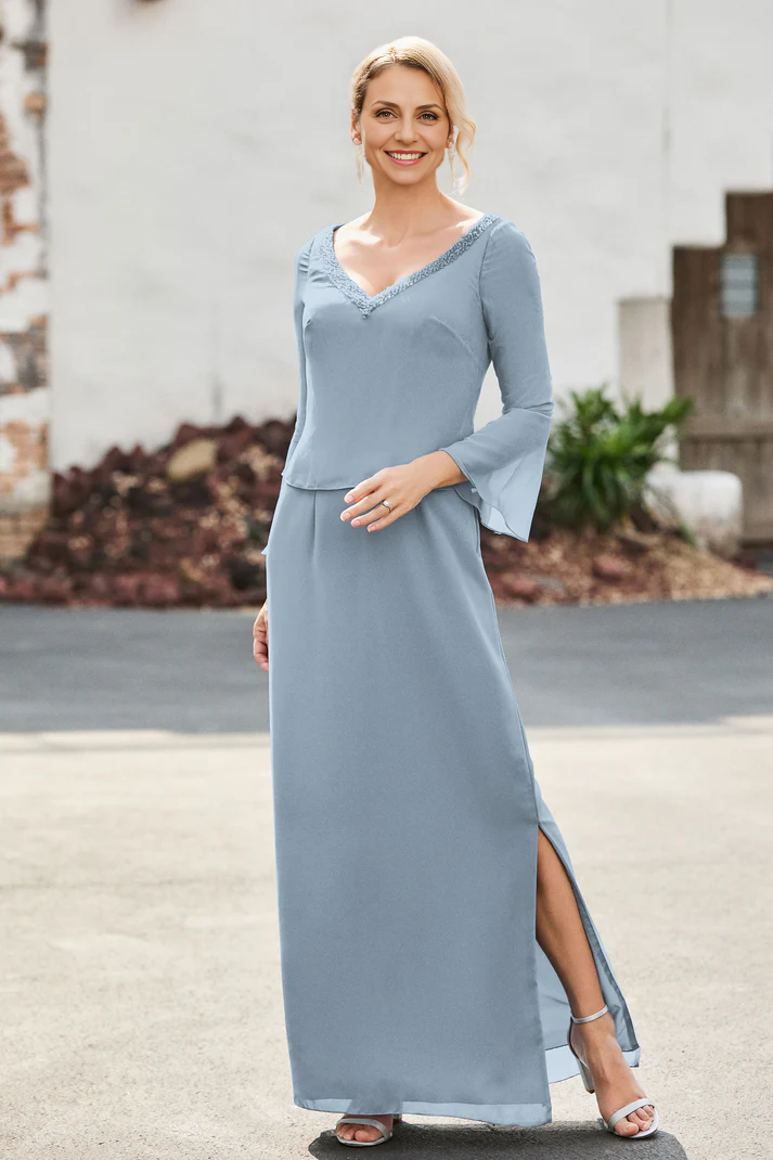 DingJiDress Mother of the Bride Dresses V-neck Long Sleeves Sheath Dress Side Fork High Quality Elegant Dresses Wedding Guests Dresses