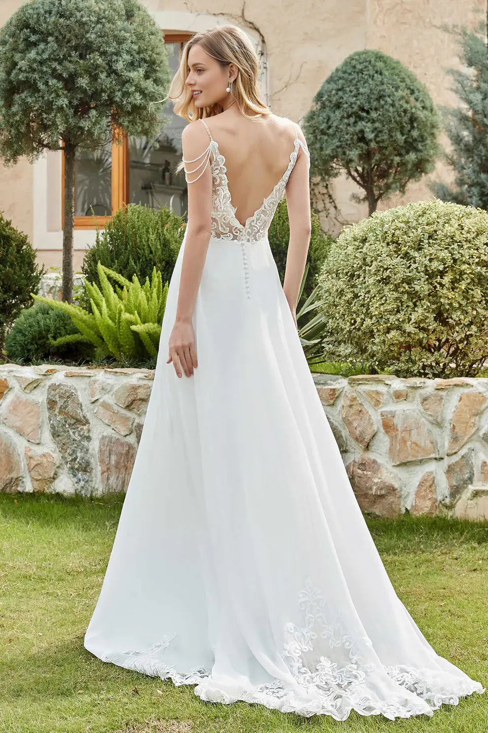 Elegant Chiffon A-Line Lace Spaghetti Strap Plunging V-Neck Bead string Backless With Slit Affordable Hot Sale Wedding Dress