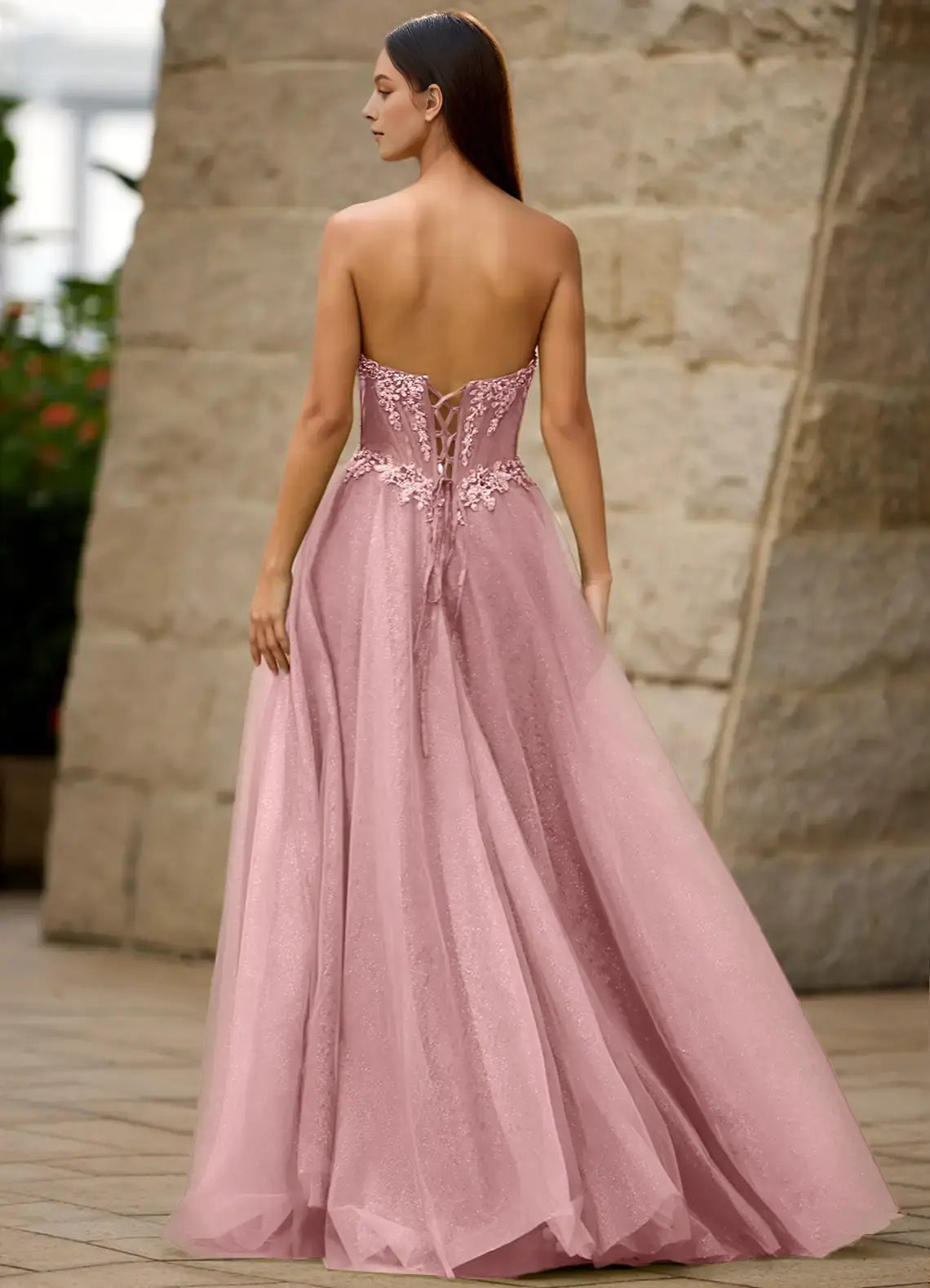 Pink Glitter A Line Strapless Lace Applique Side Fork Backless Exquisite Formal Dresses Affordable Prom Dress