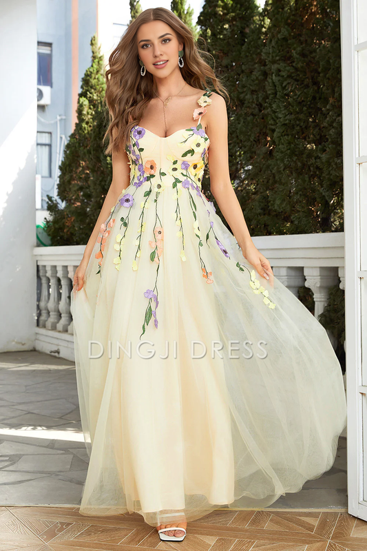 DingJiDress High Quality Dress Evening Dress Charming A-Line Spaghetti Strap Sweetheart Flower Tulle Fashion Long Prom Dress