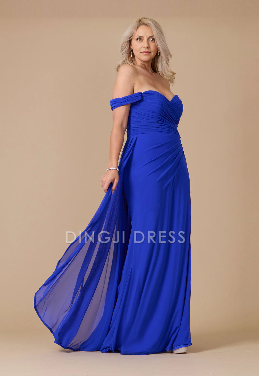 DingJiDress Evening Dress Fashion Off-Shoulder Backless Side Fork Pleated Plus Size Long Mother Of The Bride Dress