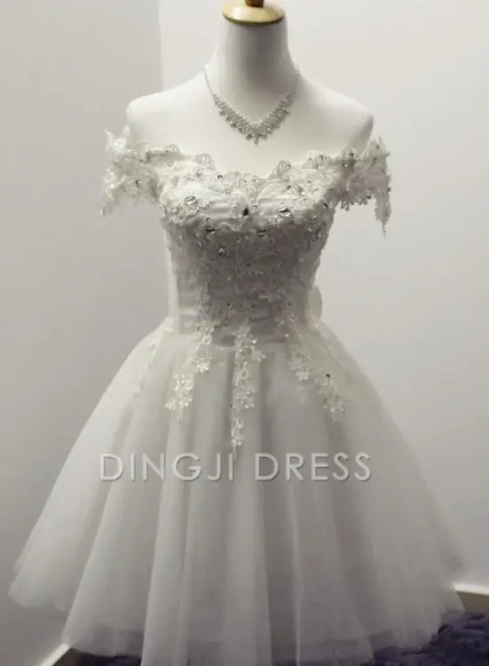 DingJiDress Short Prom Dress Exquisite A-Line Off-The-Shoulder Tulle Appliqued With Bow Best Selling Homecoming Dress