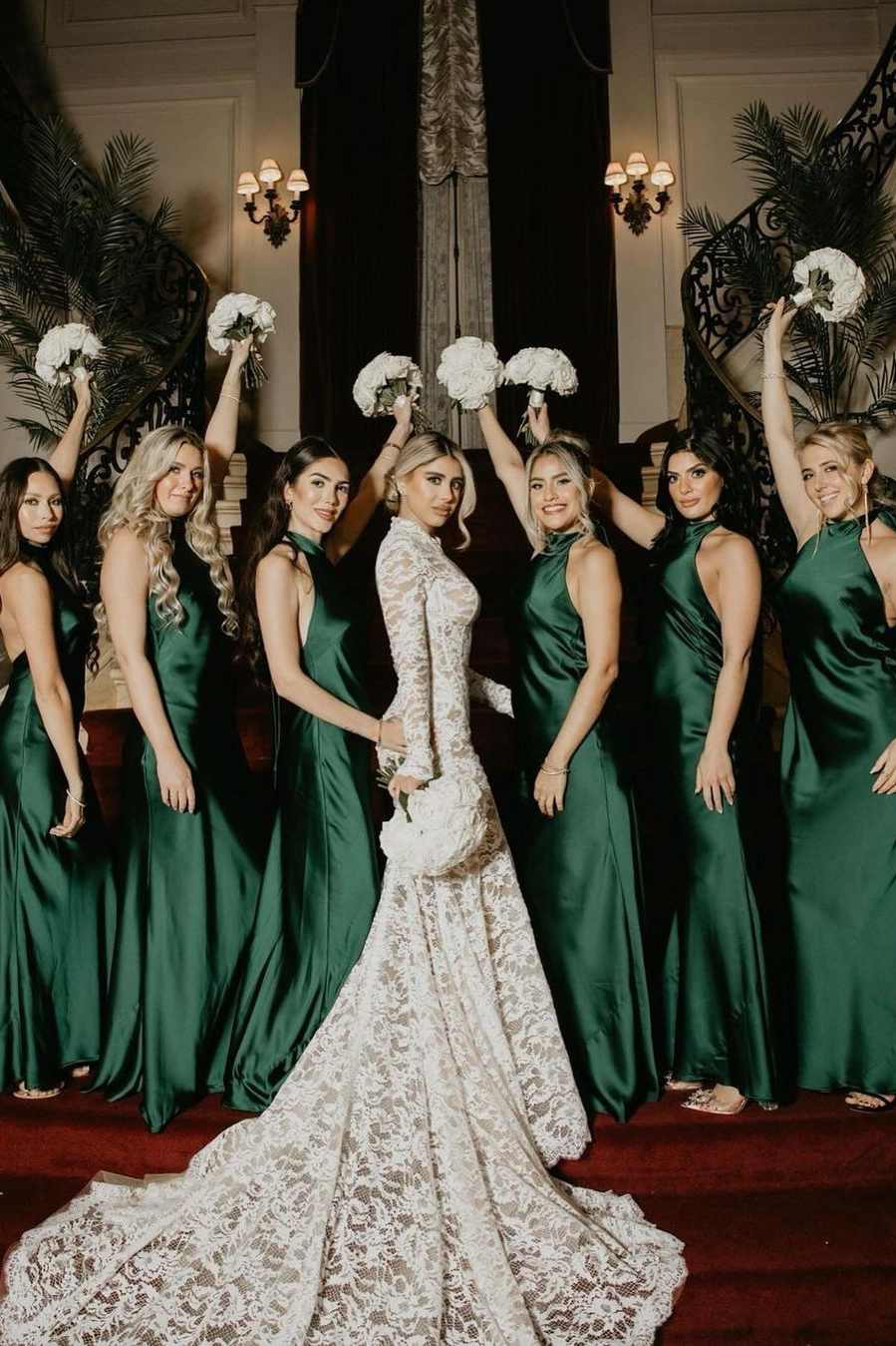 Fashion Dark Green Satin Mermaid Halter Sleeveless Backless Low Cost Floor Length Bridesmaid Dresses