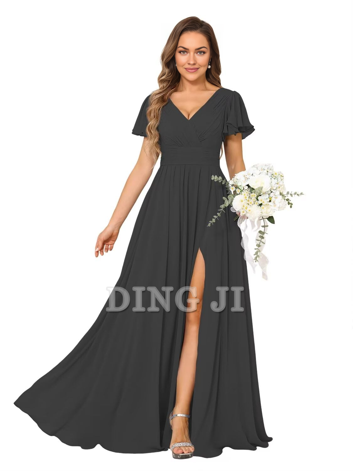 DingJiDress Bridesmaid Dresses A Line V Neck Flutter Sleeve Side Fork Youthful Elegant Chiffon Formal Wear Dresses