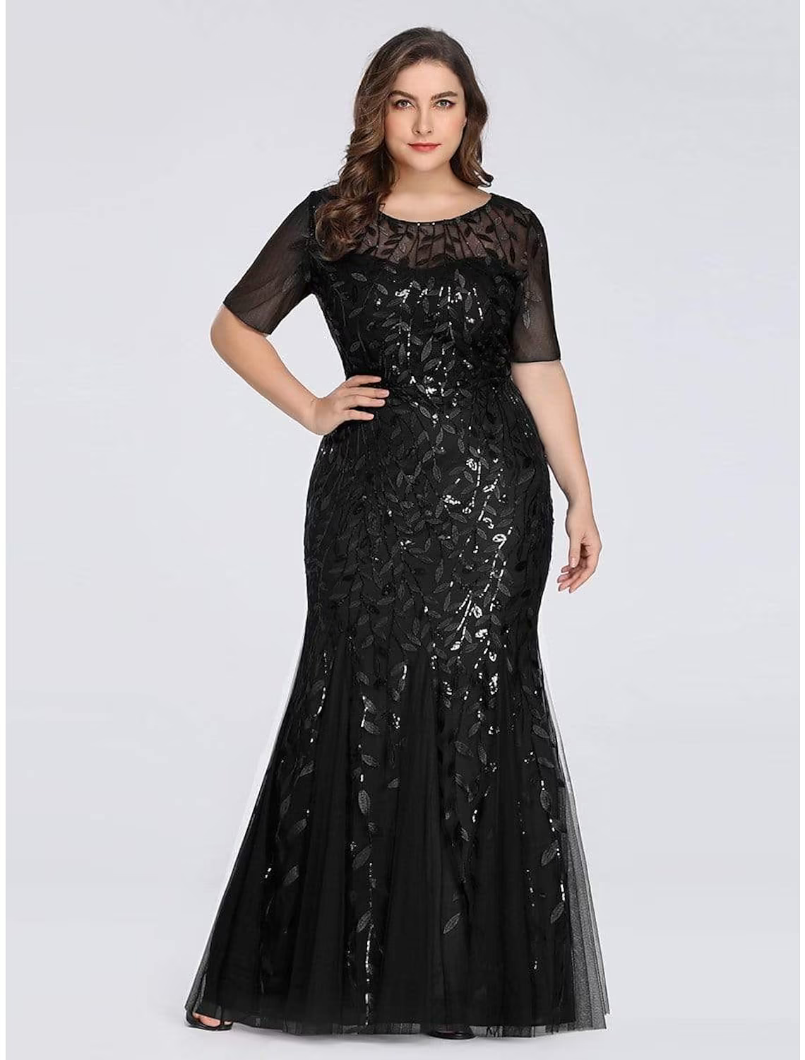 Empire Elegant Party Wear Formal Evening Dress Jewel Neck Short Sleeve Floor Length Tulle with Embroidery