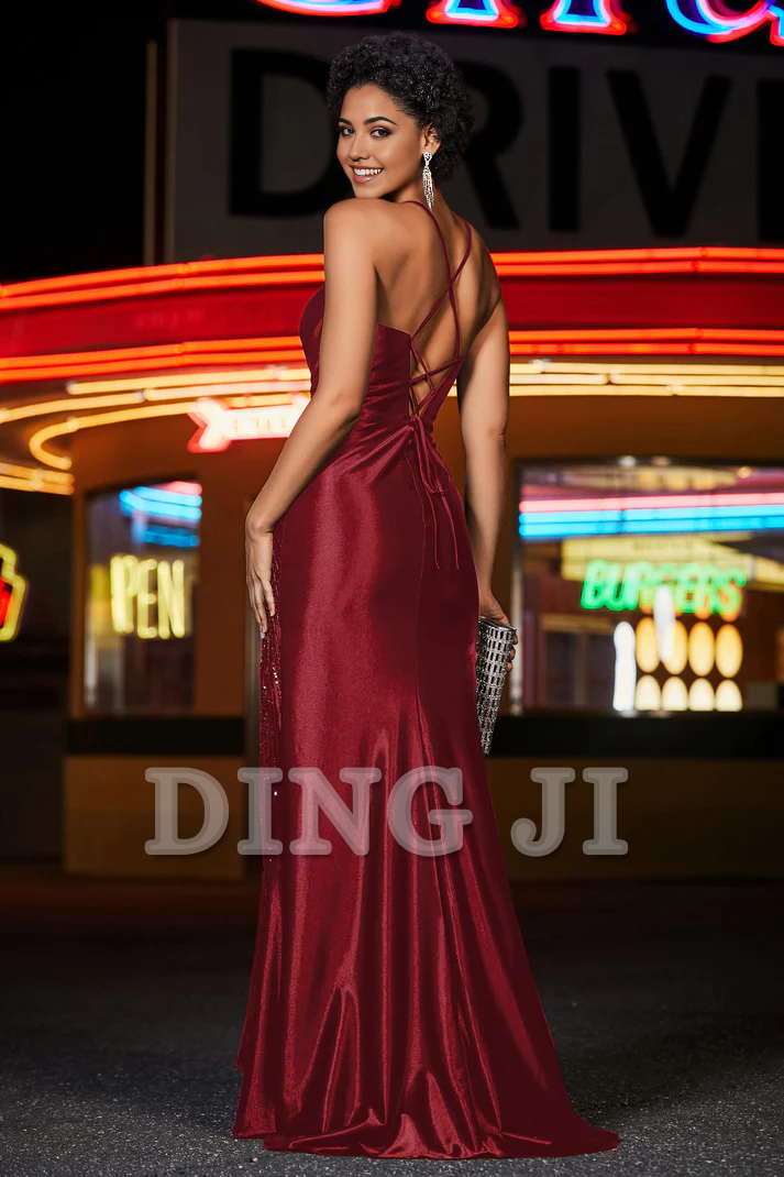 DingJiDress Evening Dress Mermaid Spaghetti Straps V-Neck Plunging Dress Sequins Crossed Straps Side Fork Sweep Train Wedding Guest Dresses