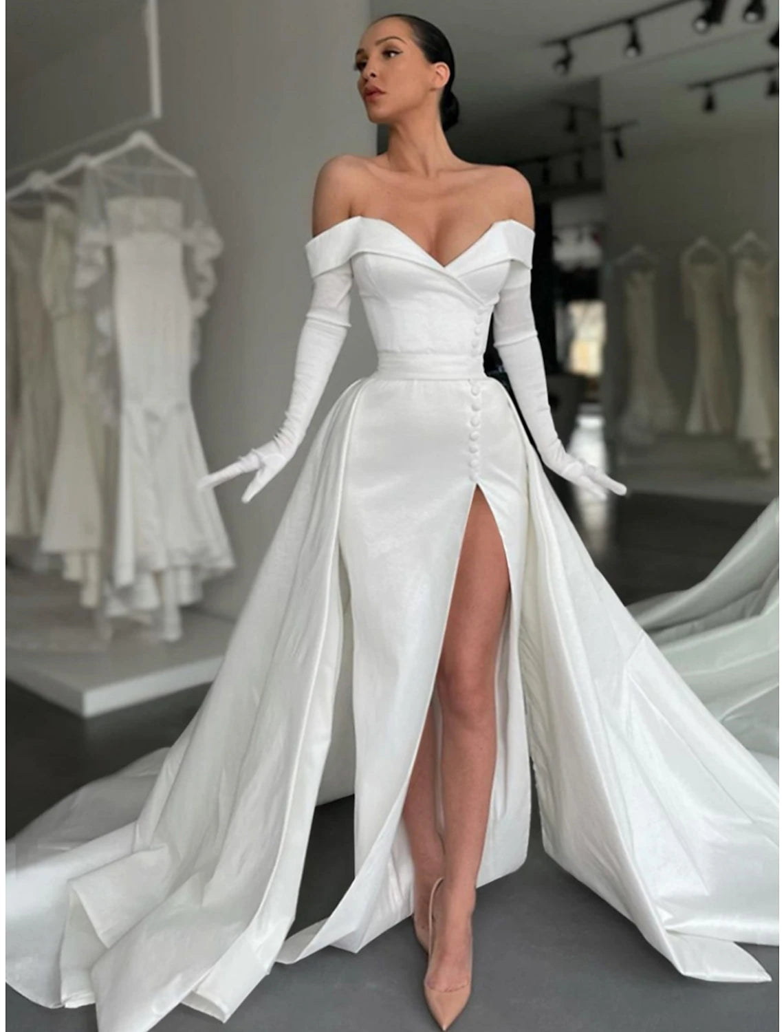 A-Line Evening Gown Elegant Dress Formal Court Train Long Sleeve Off Shoulder Satin with Buttons Pleats