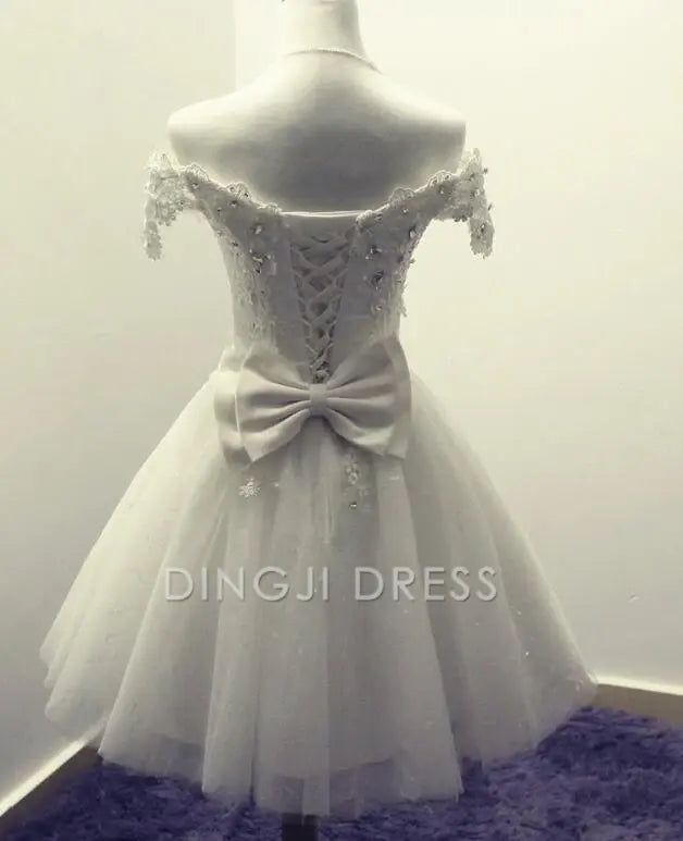 DingJiDress Short Prom Dress Exquisite A-Line Off-The-Shoulder Tulle Appliqued With Bow Best Selling Homecoming Dress