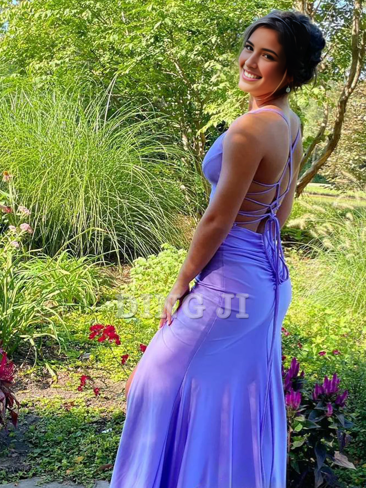 DingJiDress Evening Dress Lilac Spaghetti Strap Sheath Mermaid Low-necked Prom Dress Lace-up Backless Side Fork Formal Wear Dresses Wedding Guest Dresses