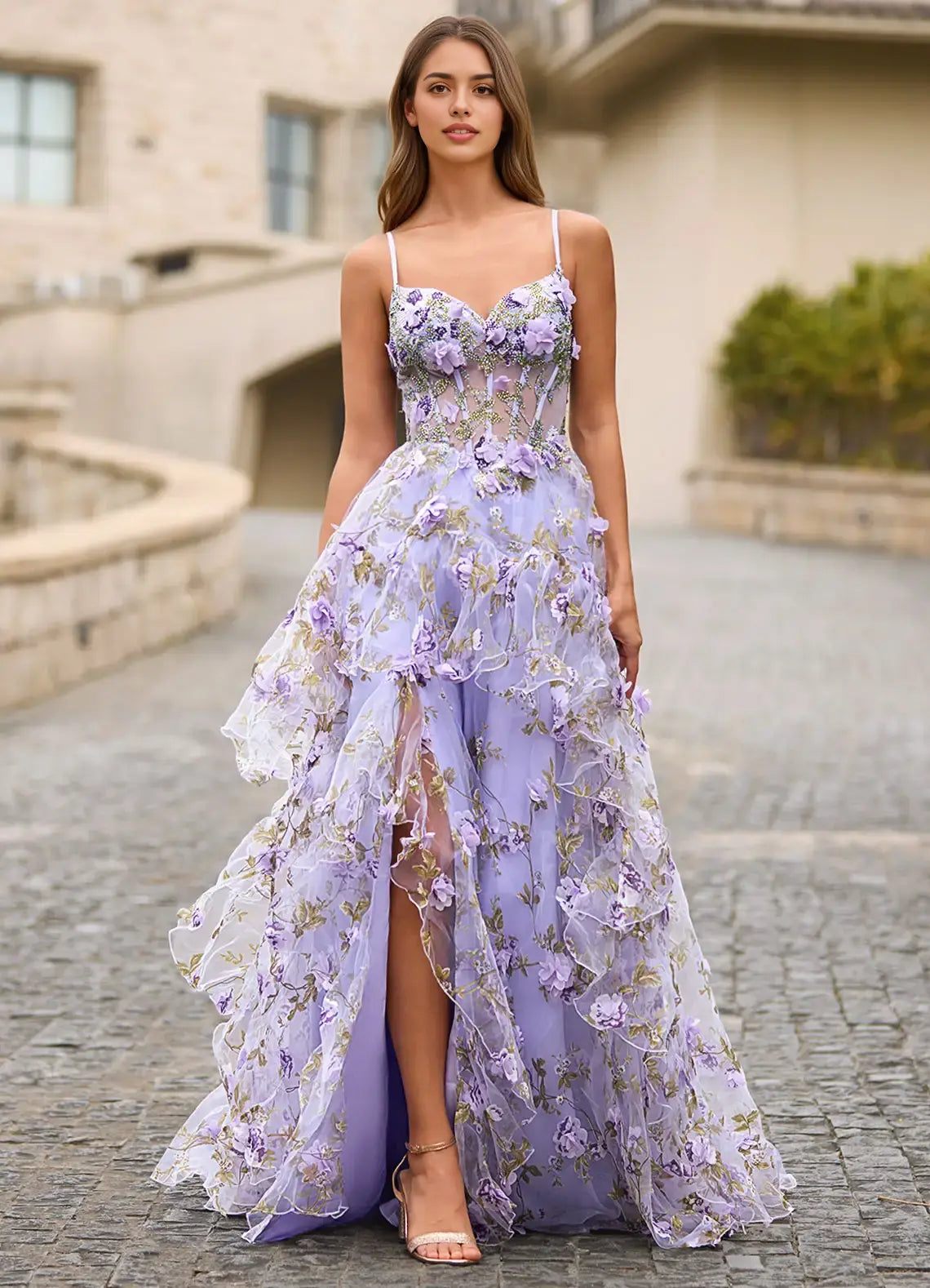 Fantastic Light Purple Printing A Line Spaghetti Strap Sweetheart Neckline Sleeveless 3D Floral Beadwork Side Fork Backless Romantic Formal Dresses Affordable Prom Dress