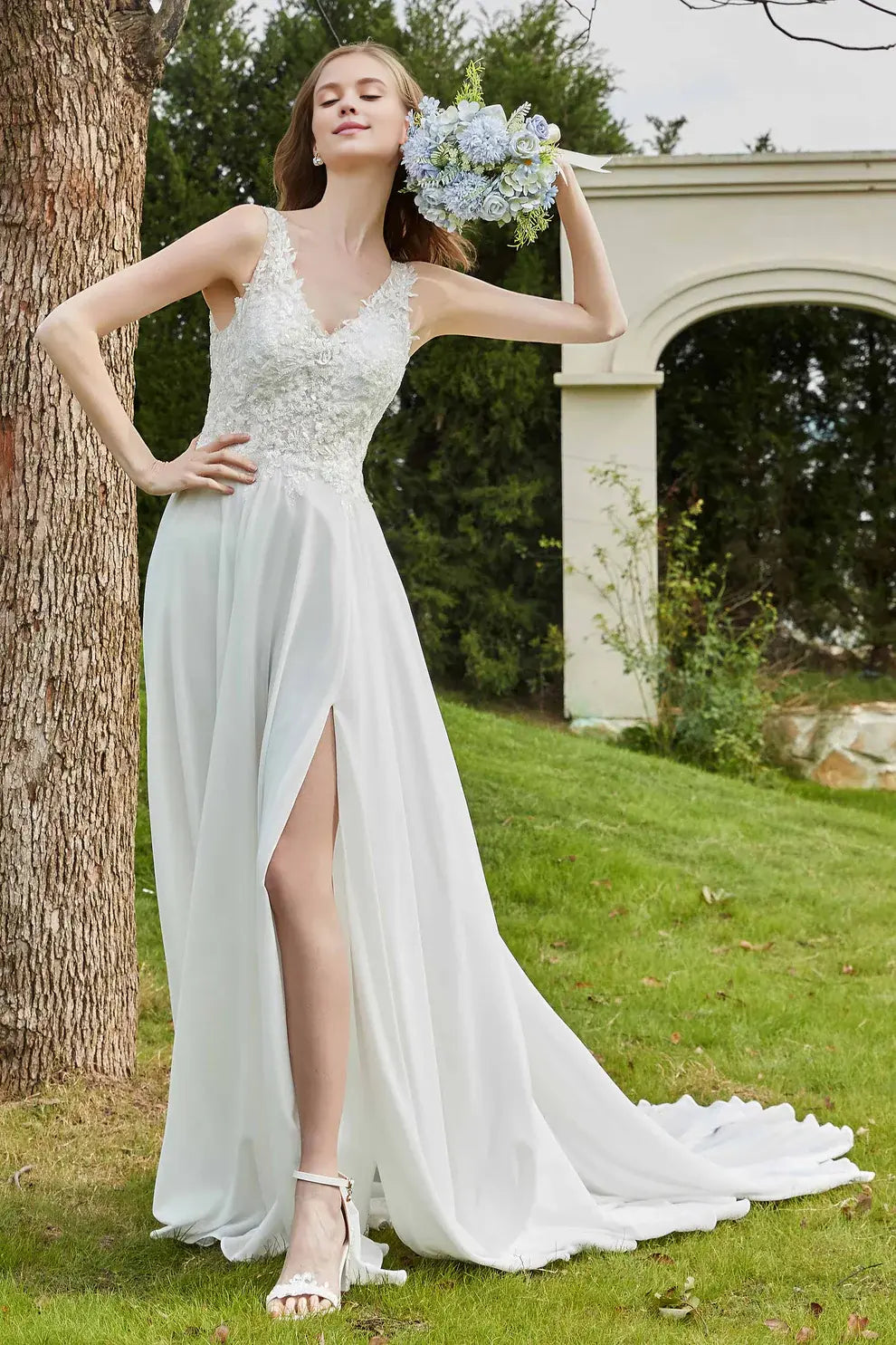 Chiffon Lace Elegant A-Line V-Neck Applique Sleeveless Backless With Slit Affordable Hot Sale Wedding Dress