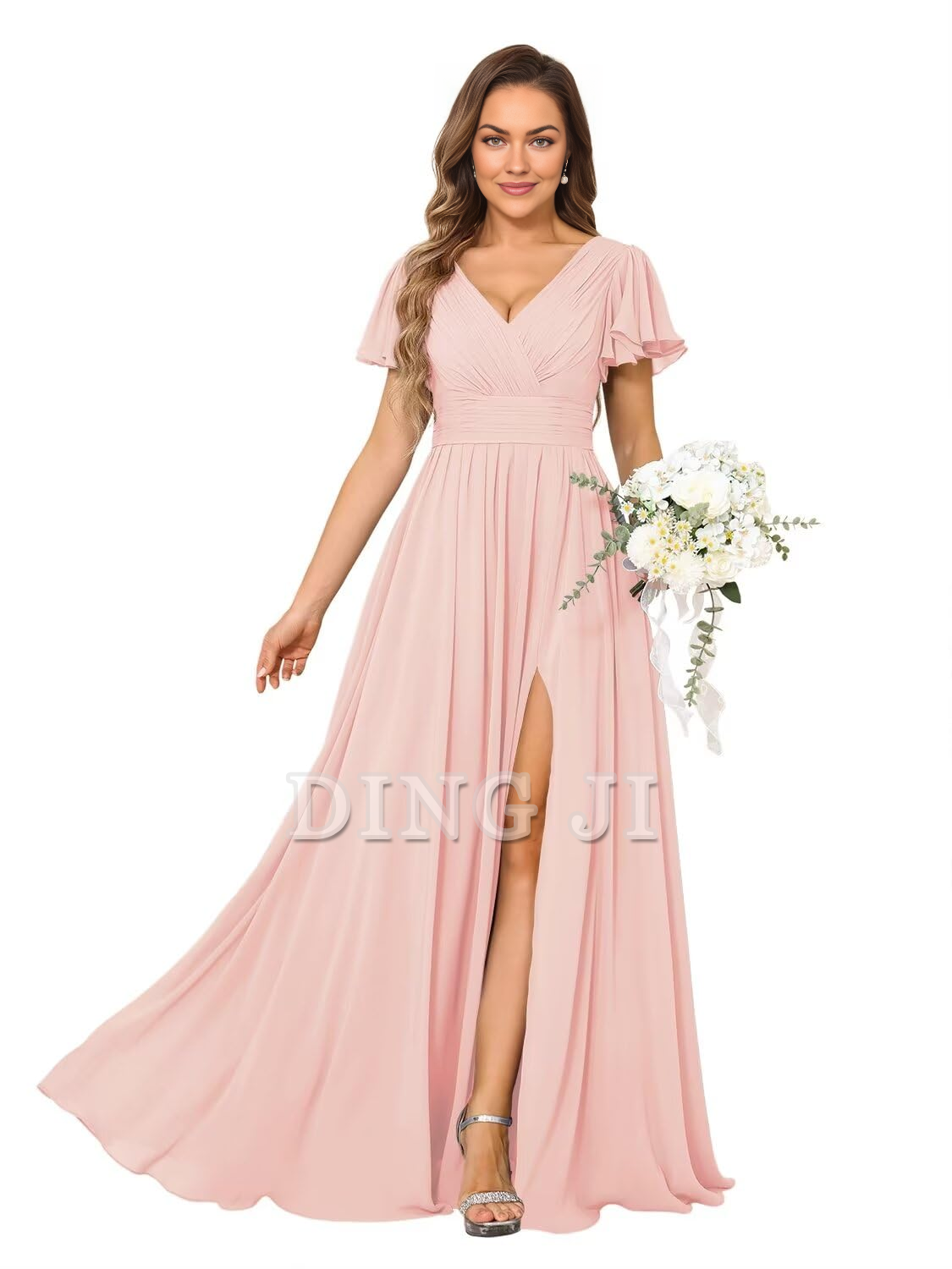 DingJiDress Bridesmaid Dresses A Line V Neck Flutter Sleeve Side Fork Youthful Elegant Chiffon Formal Wear Dresses